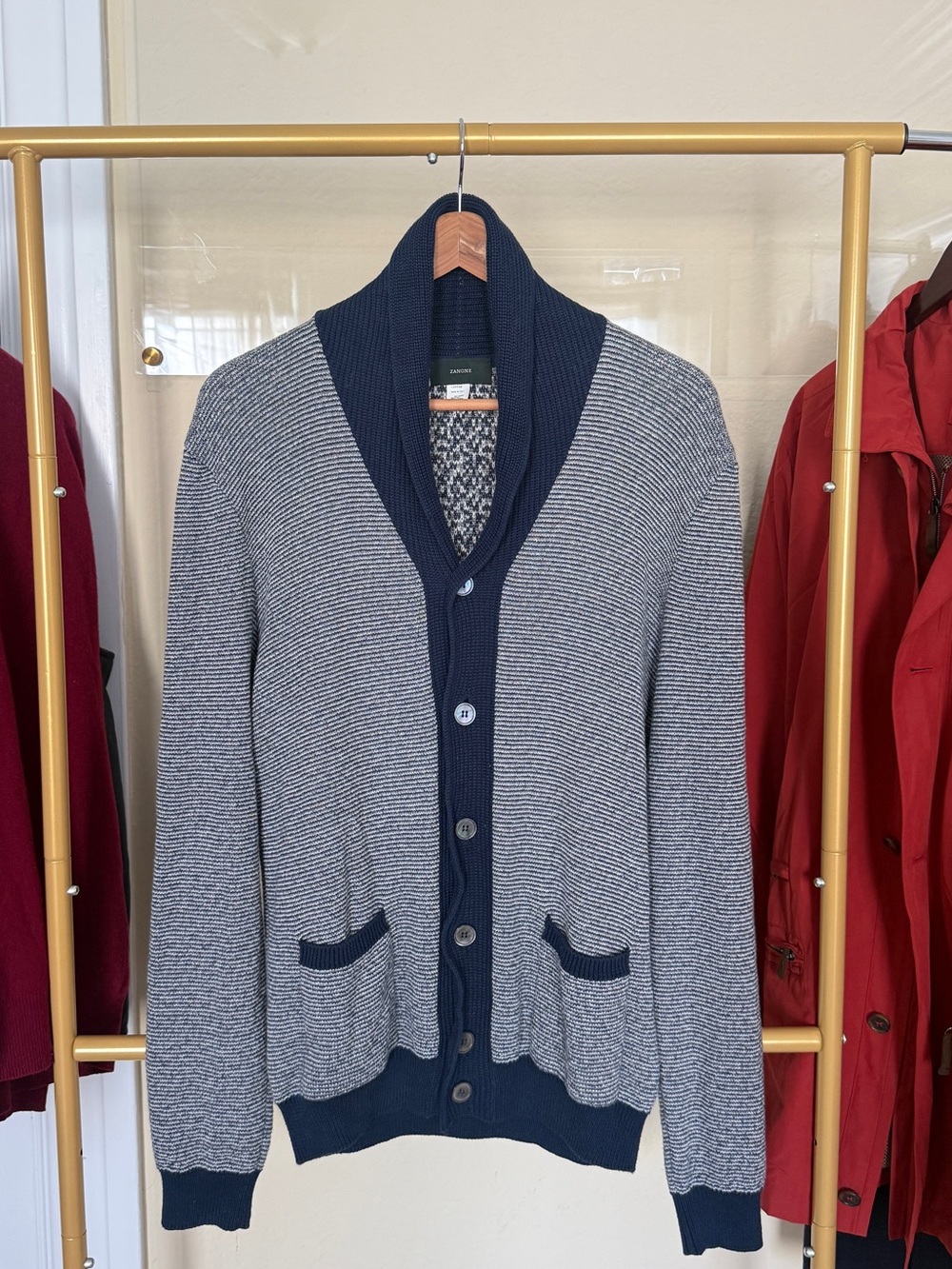 Zanone Navy and Light Gray Shawl Collar Cardigan